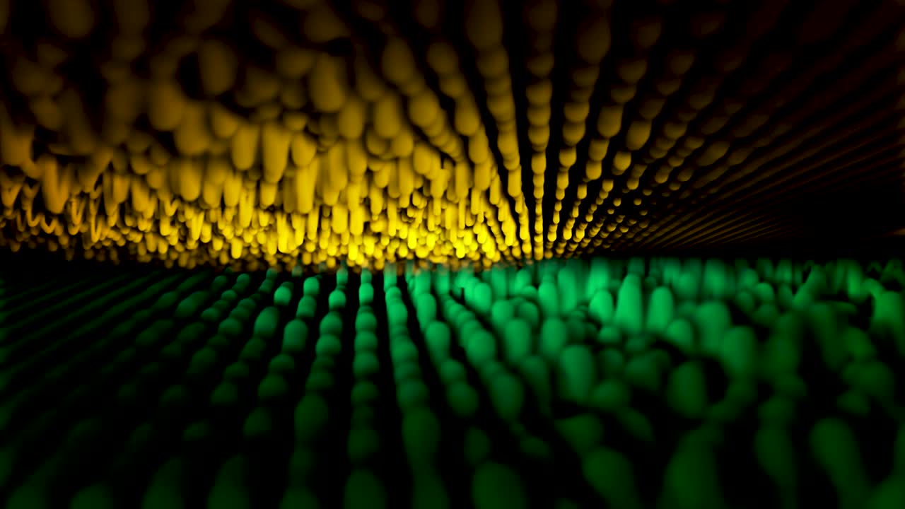 líneas 3d abstractas vibrando y moviéndose en fondo negro, bucle sin costuras. animación. mitad amarillo mitad verde rayas fluyentes pulsando y produciendo ondas
