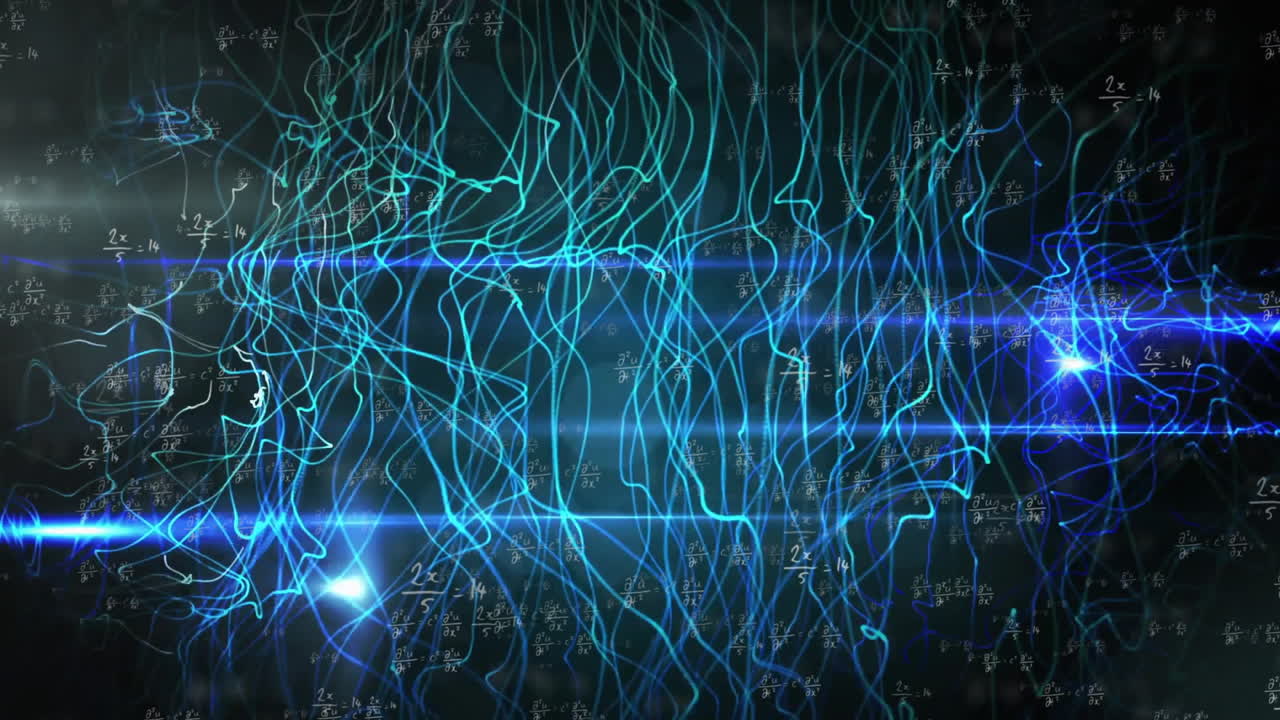 Animation of light trails over mathematical equations on black background