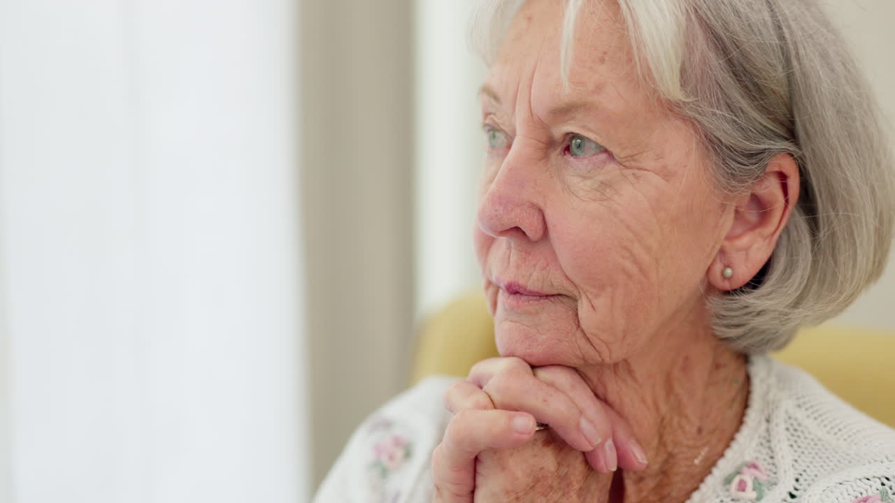 Thinking, anxiety and senior woman with fear