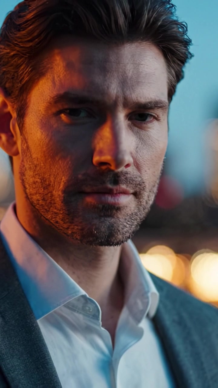 Un uomo sicuro di sé in un abito elegante guarda pensieroso in lontananza, catturando l'essenza dell'eleganza e della raffinatezza urbana al tramonto.