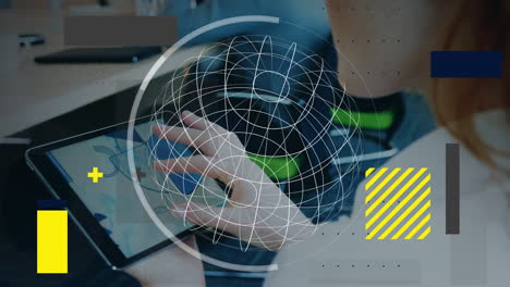 animation of data processing and globe over caucasian woman using tablet