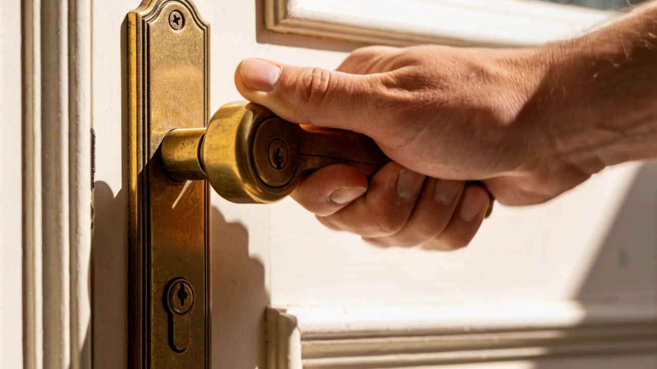 Avvicinandosi alla casa, l'avambraccio destro nudo afferra la maniglia di ottone all'ingresso, girandola per aprirla.