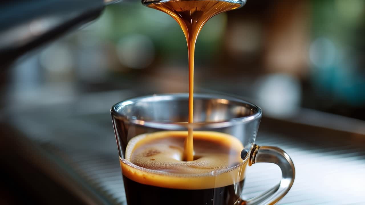 Rich espresso drips slowly from a machine. Metal portafilter gleams under warm light. Cup below catches the golden stream. Coffee's aroma fills the quiet space