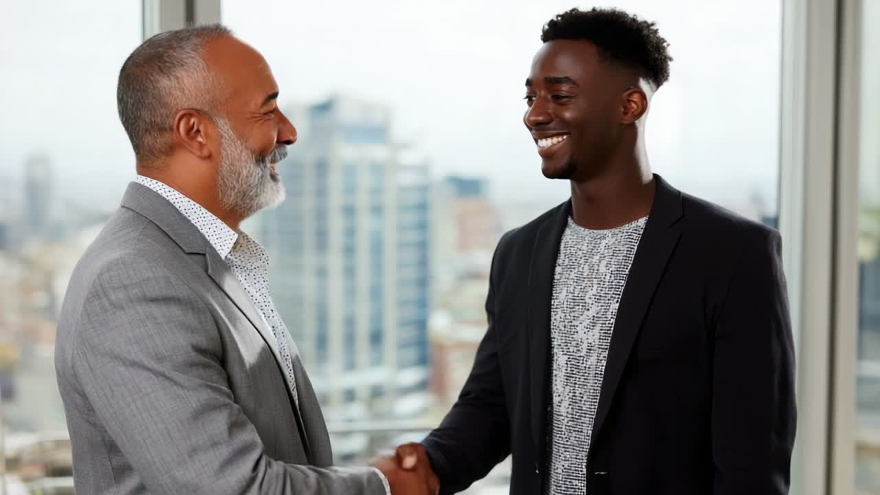 Professional Men Engaging in a Friendly Handshake with a Skyline Background, Signifying Trust, Collaboration, or a Successful Business Deal Between Two Individuals in an Office Setting