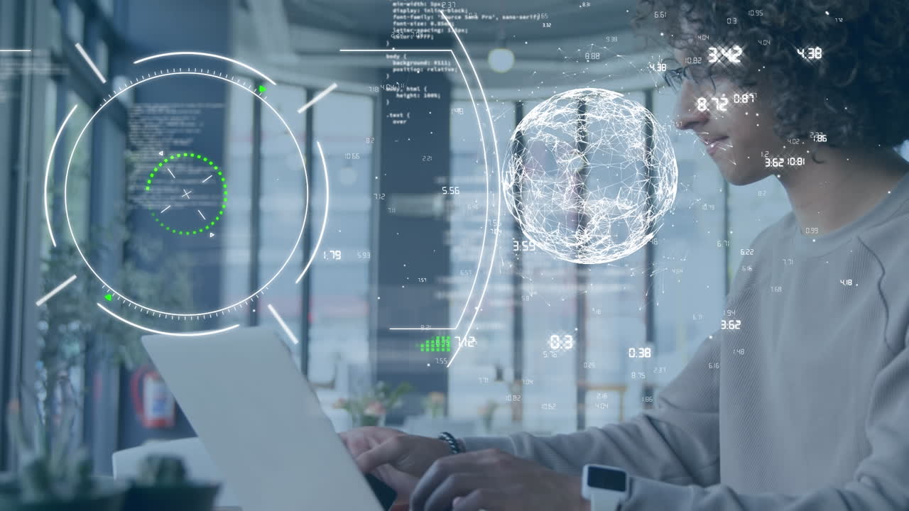 animación de alcance en todo el mundo de una red de conexiones contra un hombre biracial usando una computadora portátil en un café