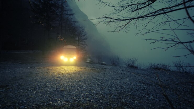 Van parked on a foggy mountain road at night