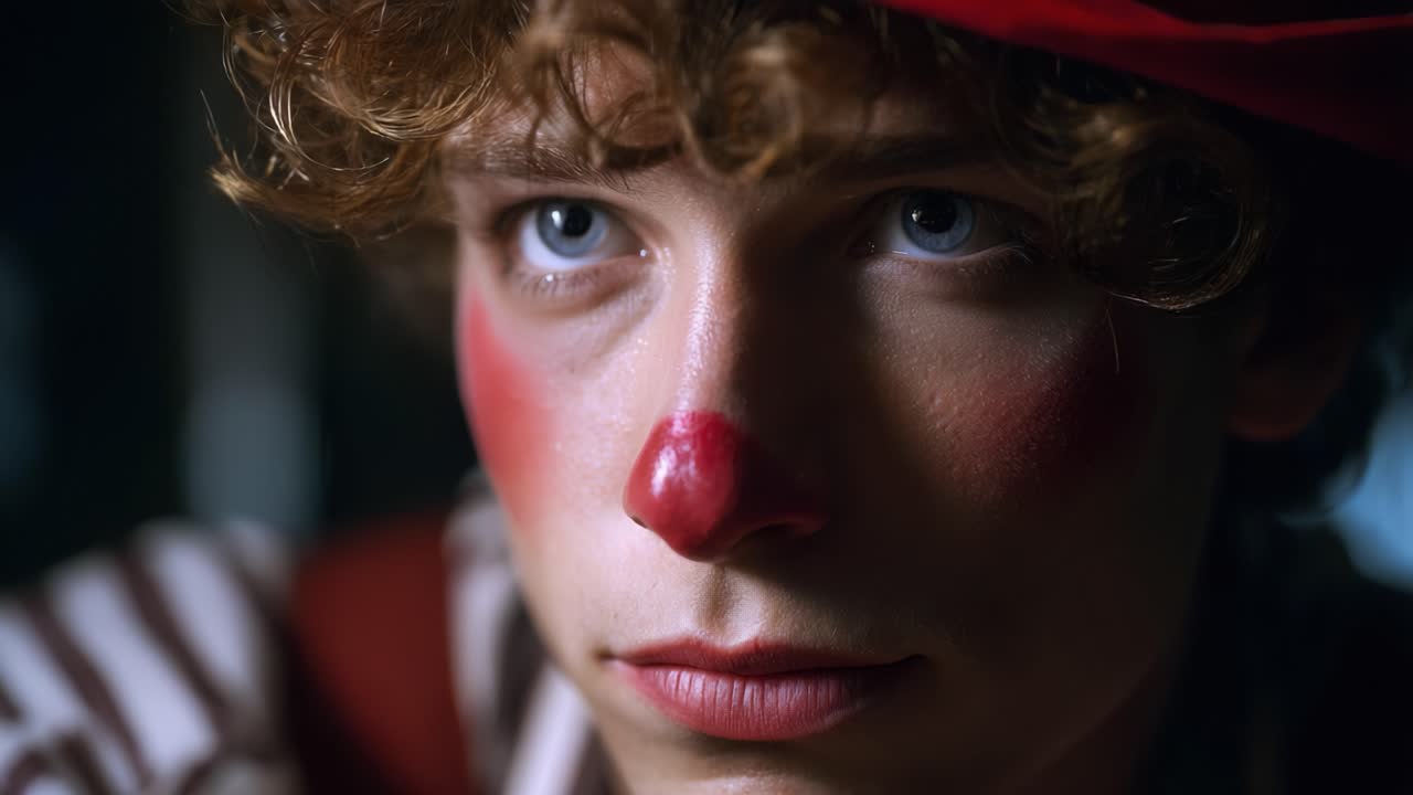 Un primo piano di un giovane clown con naso rosso e trucco, che cattura un momento di intensa emozione ed espressione artistica in una vivace palette di colori