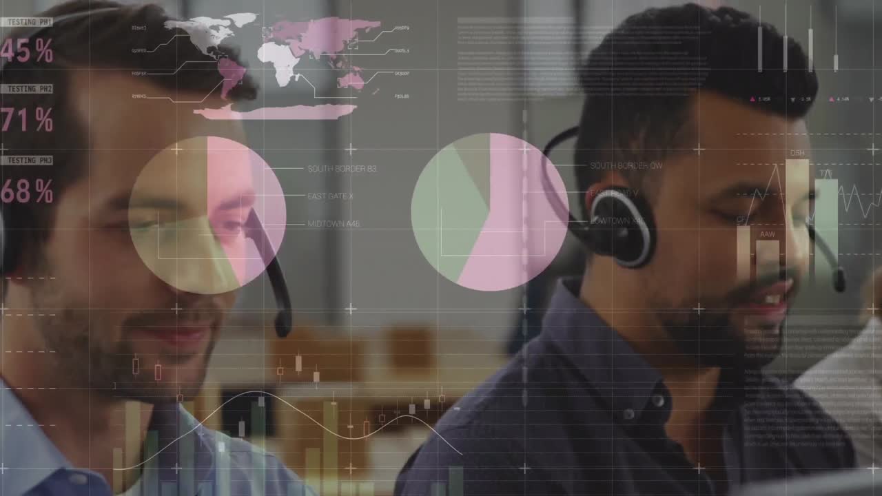 animación del registro de estadísticas sobre personas de negocios que usan auriculares telefónicos