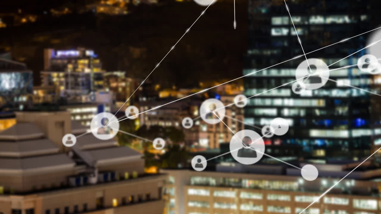 연결 네트워크 및 데이터 처리 애니메이션 밤에 도시 풍경