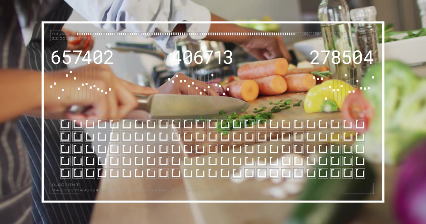 Mom and daughter chopping stacking veggies overlay appearing over board and animating cooking stats