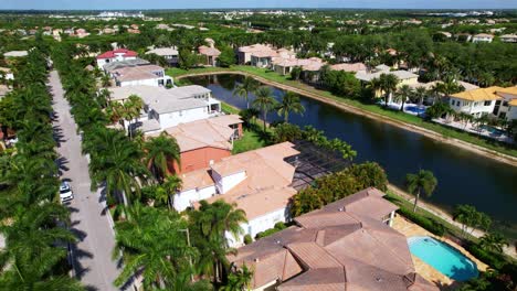 reveal drone shot of west palm beach residential area with a lake during the day in florida, usa