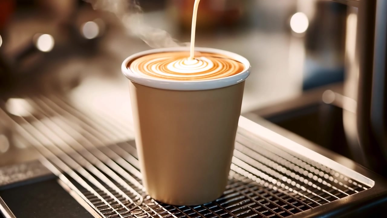 Barista che crea latte art in una tazza di caffè di carta fumante