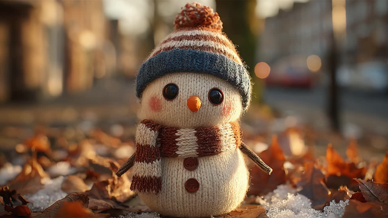 Un simpatico pupazzo di neve fatto a mano, decorato con un cappello e una sciarpa accoglienti, sullo sfondo di foglie autunnali e dettagli di una calda scena invernale
