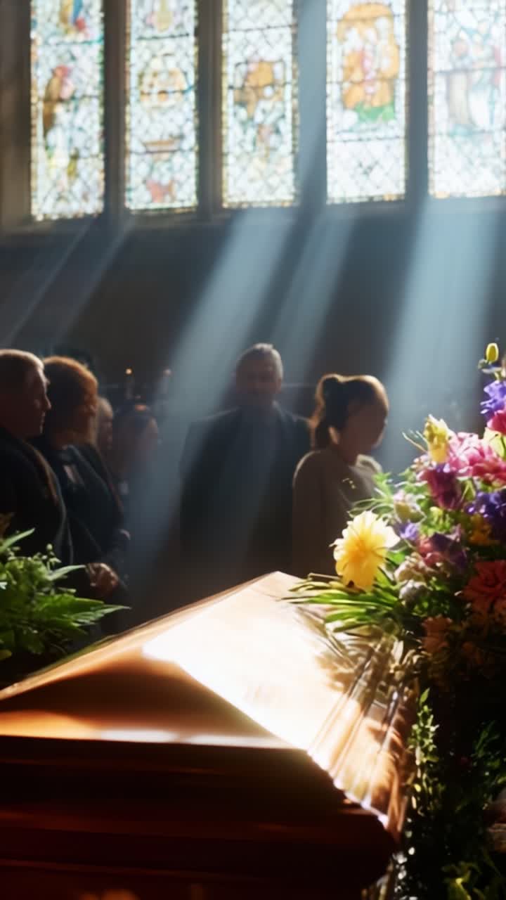 Un raduno cupo mentre raggi di luce illuminano una scena funebre, dove i dolenti rendono omaggio tra splendide composizioni floreali e vetrate colorate