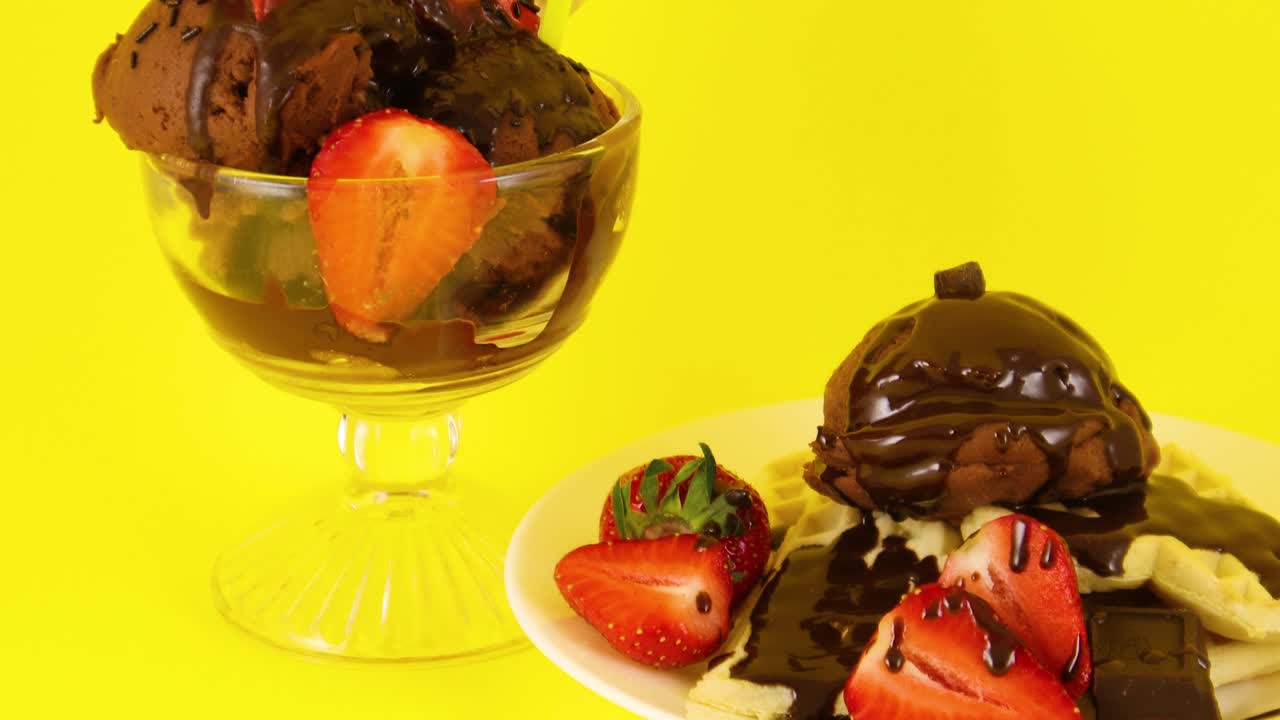 맛있는 사막 초콜릿 아이스크림과 노란색 배경의 와플의 클로즈업