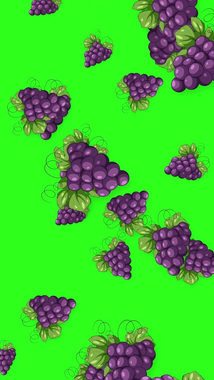 Grappoli d'uva viola in stile fumetto cadono verticalmente nell'inquadratura su uno sfondo verde vibrante