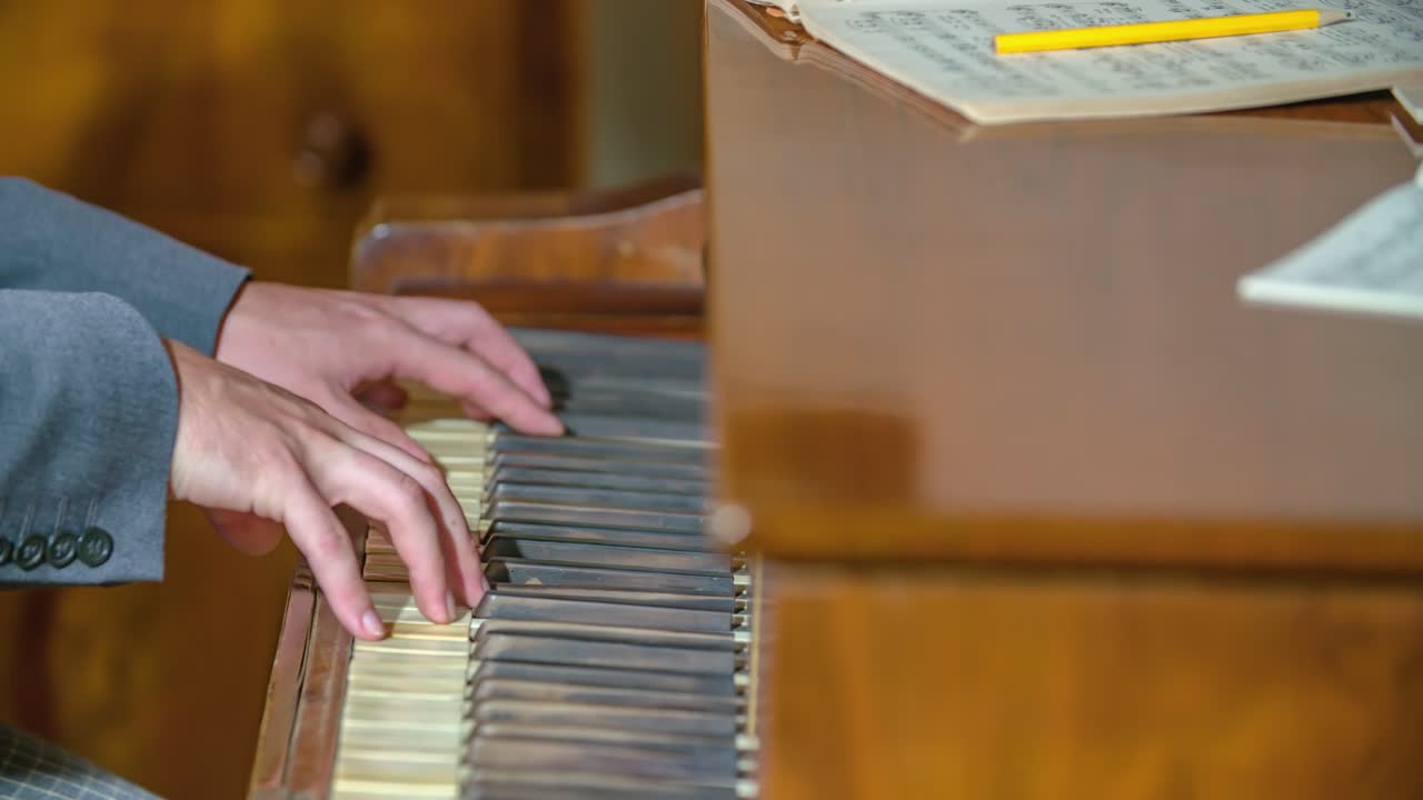 Close up of musician man hands playing piano. Side view