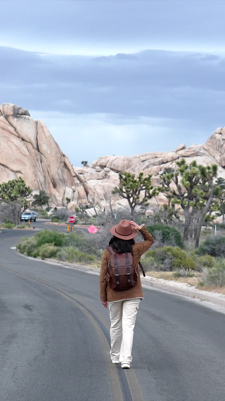 Mujer caminando por una carretera desértica en el Parque Nacional Joshua Tree