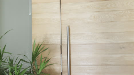 a young asian man peeks from behind a door, with copy space