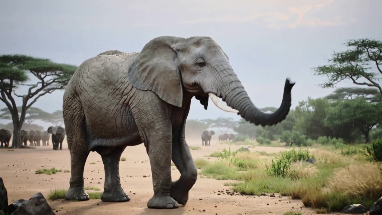 La telecamera si allontana, mostrando un elefante adulto che alza la proboscide e cammina su una pista sterrata, mostrando le zanne.