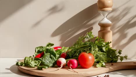 freshly picked vegetables, aromatic herbs, and scattered spices resting on a wooden cutting board with a wooden hourglass, all illuminated by soft, natural light