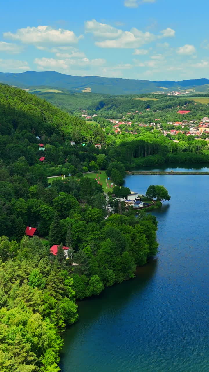 Vista dall'alto di un lago blu intenso circondato da una fitta foresta verde e piccole case di paese sotto un cielo blu. Video verticale