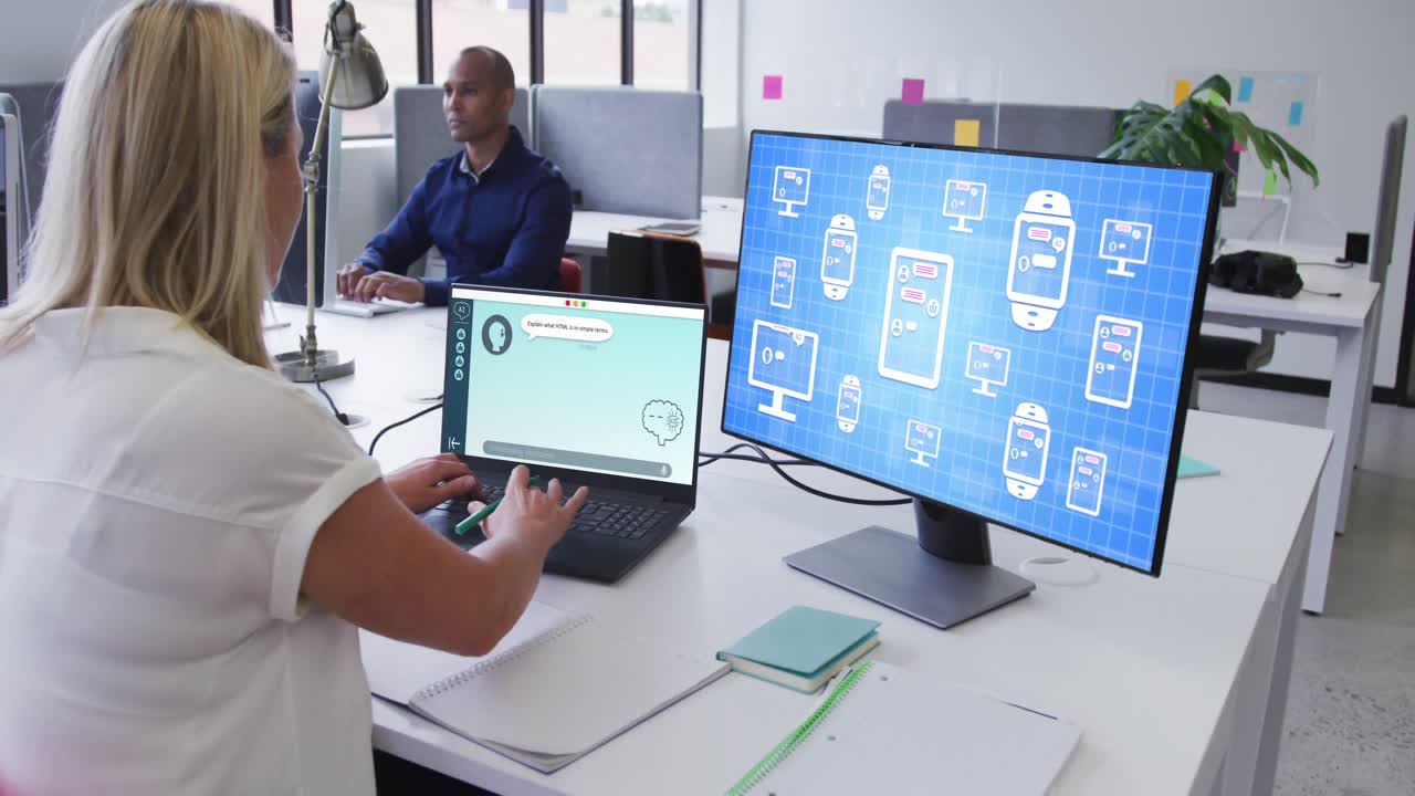 Composition of caucasian woman using laptop with ai chat on screen