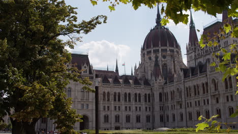 hungarian parliament building side view on a sunny day with trees