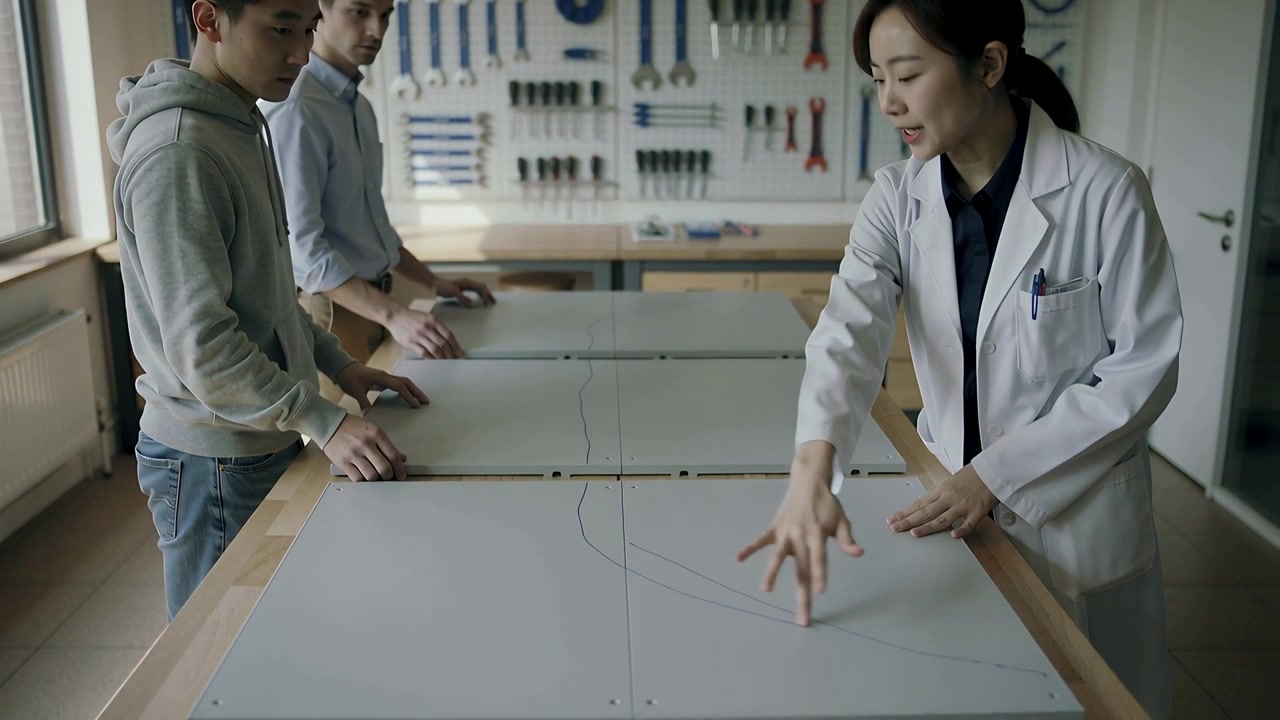 Leaning instructor in white lab coat teaching curved line on joined panel table