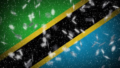 tanzania flag falling snow loopable, new year and christmas background, loop