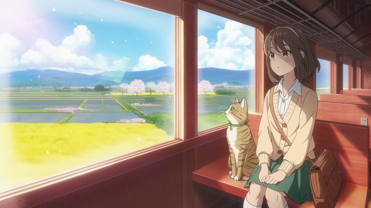 Scena video in stile anime di una ragazza e un gatto su un treno, vista laterale, con paesaggio panoramico
