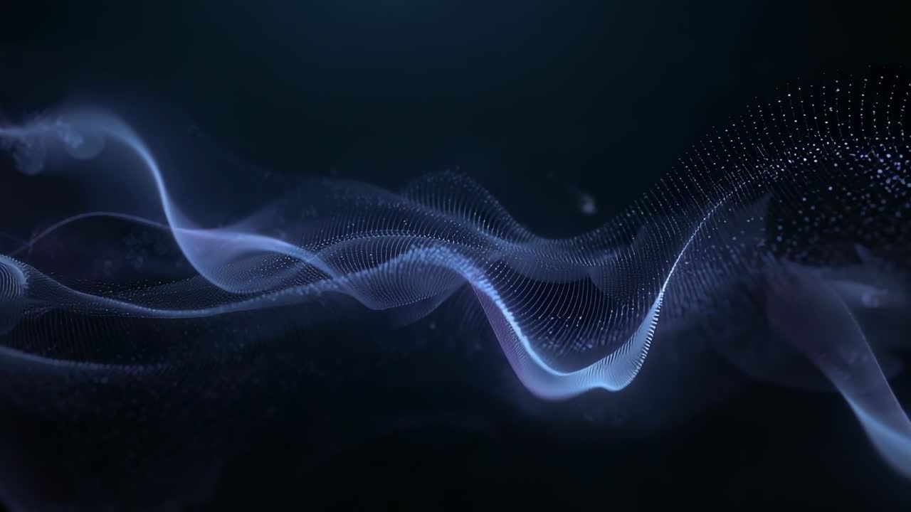 Entering from left, luminous ribbon flowing rightward in navy void with dotted mesh, faint wisps
