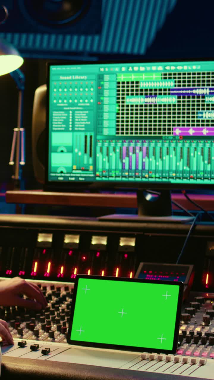 Tecnico del suono che modifica il mixer audio con tablet con green screen