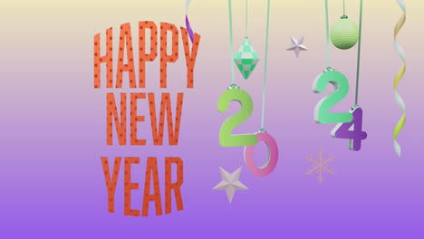 Animation-Des-Textes-„Frohes-Neues-Jahr“-über-2024,-Text-Und-Dekorationen-Auf-Violettem-Hintergrund