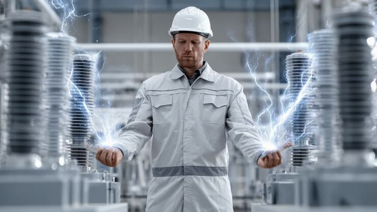 Electrical engineer with electricity in a power plant