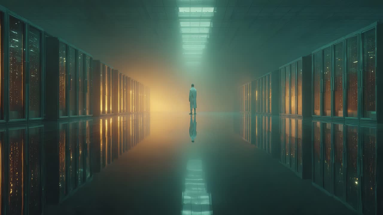 A solitary figure stands in a dimly lit corridor lined with glowing servers, reflecting both a serene and eerie atmosphere, evoking a sense of mystery and technology