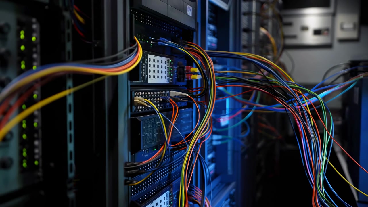 Vista ravvicinata all'interno di un rack server che mostra cavi multicolori densi collegati a patch panel e porte di rete, che si avvolgono attraverso lo chassis metallico con illuminazione blu fredda, hardware organizzato e un ambiente indaffarato