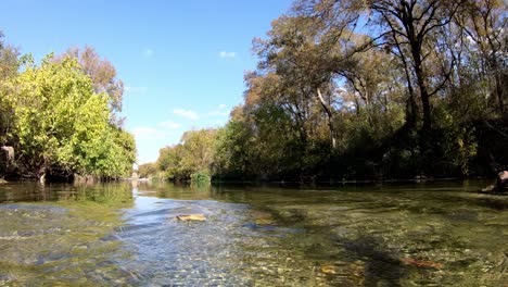 Sitting-at-water-level,-zooming-towards-large-open-area-of-the-creek-as-the-water-flutters-and-waves-from-the-current