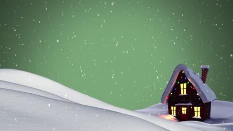 Animación-De-Nieve-Cayendo-Sobre-Una-Casa-Navideña-Iluminada-En-Un-Paisaje-Nocturno-De-Invierno-Con-Cielo-Verde