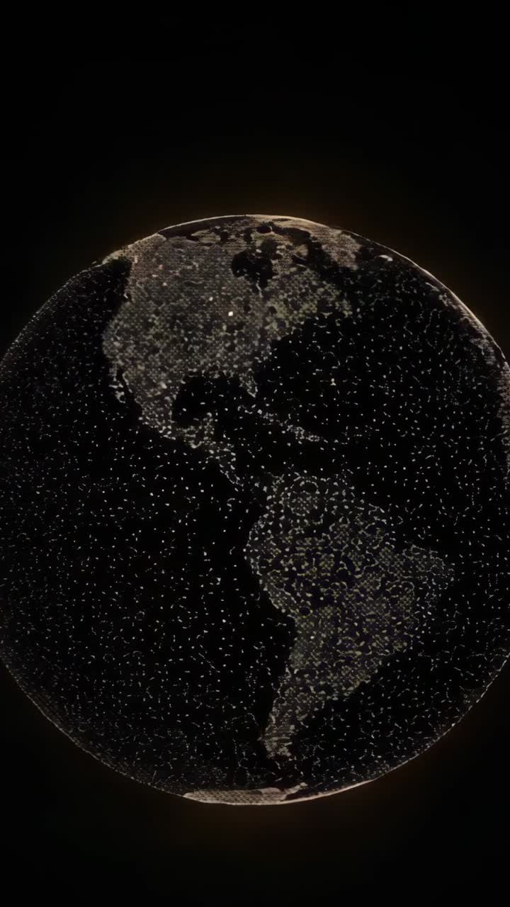 Vertical video: At start, Atlantic-facing Earth globe rotating eastward in space with lit points