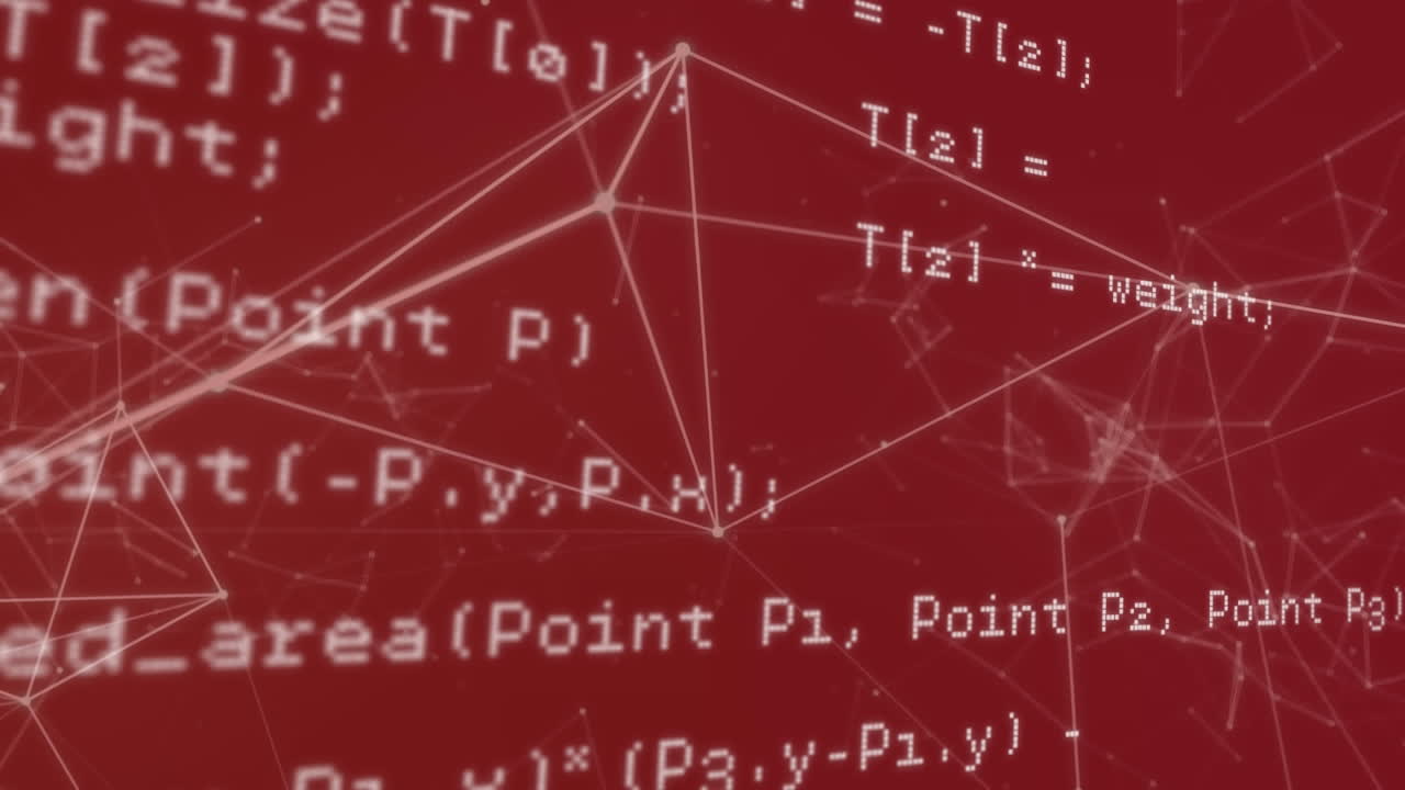 Animation of data processing network of connections over red background