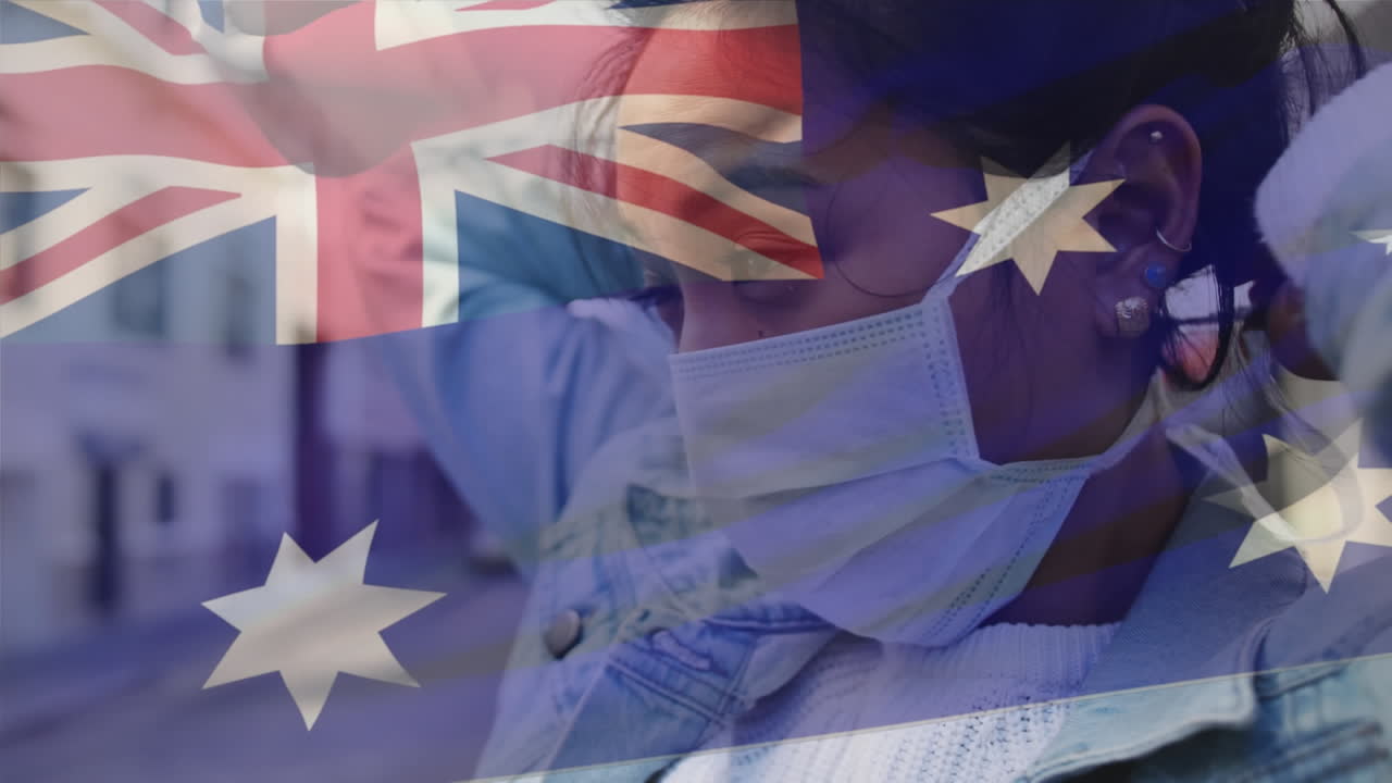 도시 거리에서 얼굴 마스크를 착용 한 아프리카계 미국인 여성 위에 흔들리는 오스트레일리아 발의 애니메이션