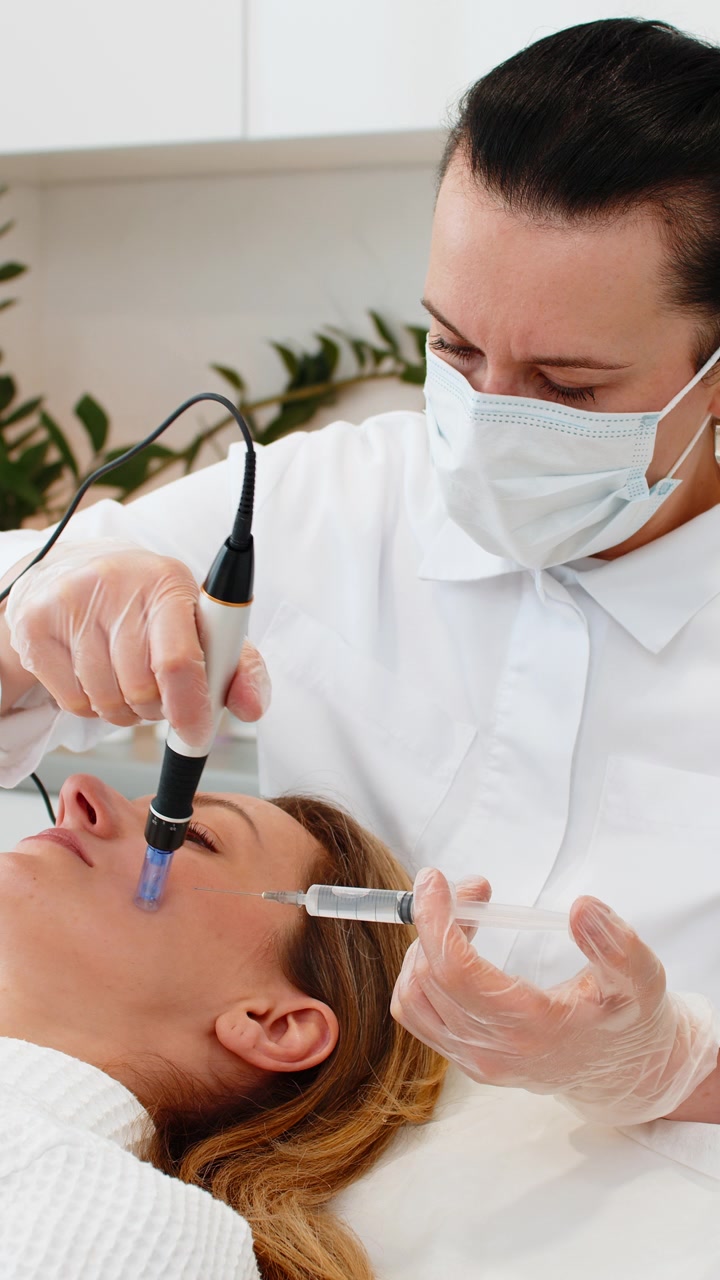 Microneedling dermapen mesoterapia per la rigenerazione del viso di una donna da parte di un cosmetologo in una beauty clinic spa