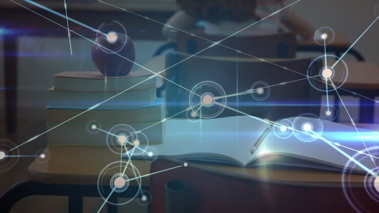 Animation of classroom over data processing in the background