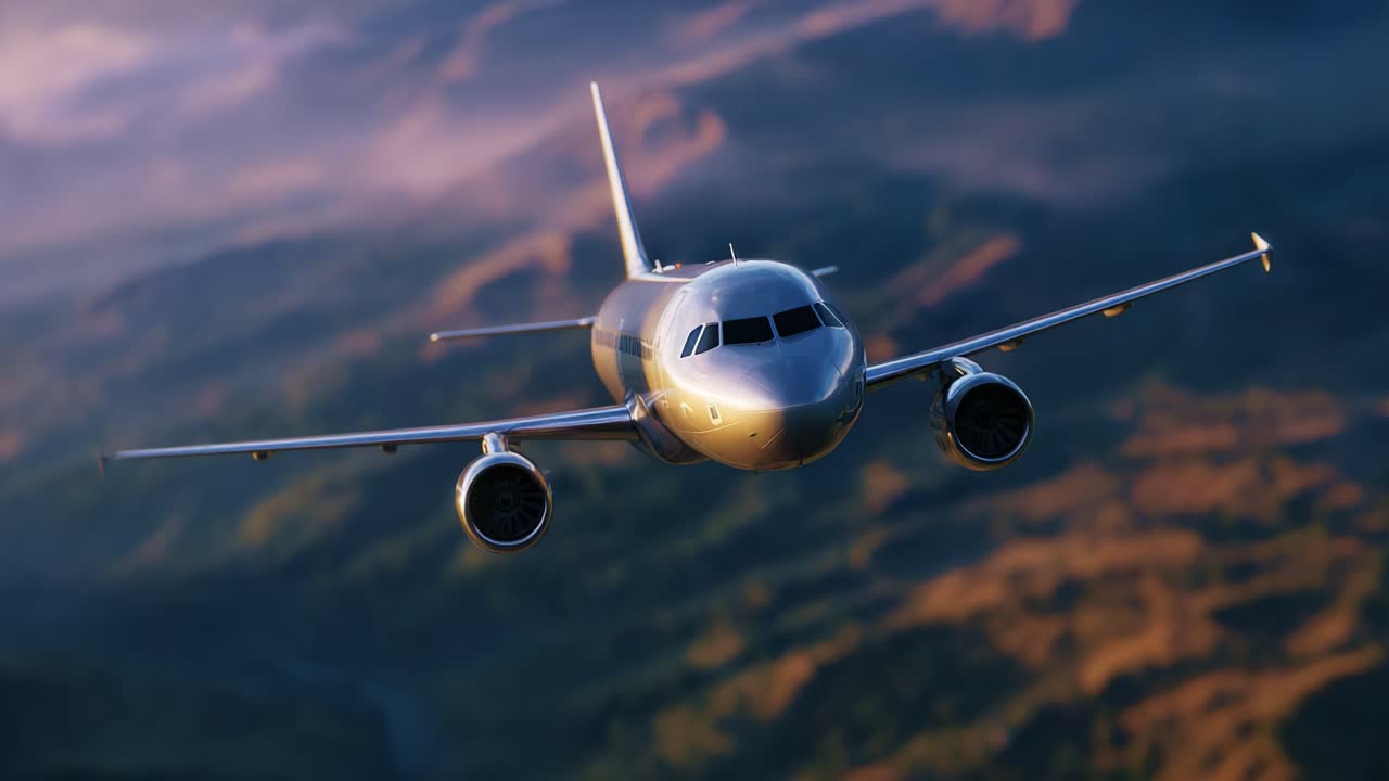 Ett elegant, modernt flygplan som svävar genom ett fantastiskt landskap och framhäver flygets kraft mot en bakgrund av berg och vidsträckta himlar