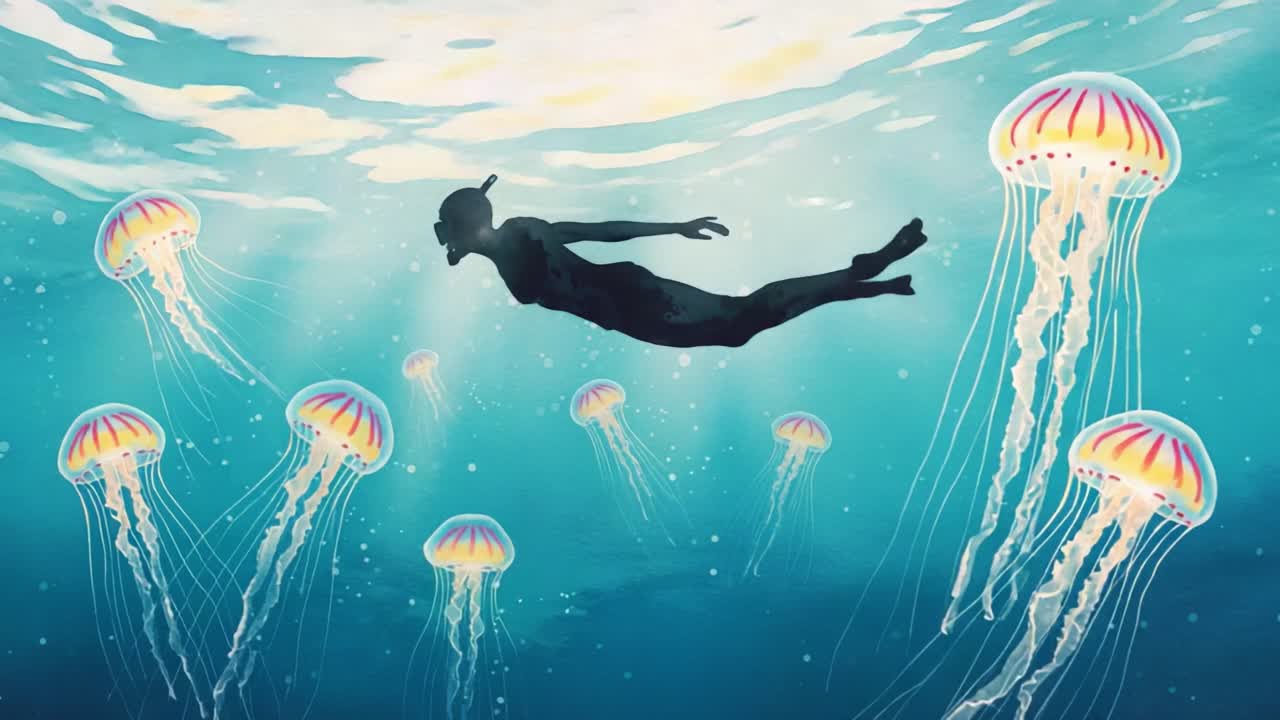 A Mysterious Underwater Journey: A Diver Glides Gracefully Among Vibrant Jellyfish in a Mesmerizing Ocean Scene with Ethereal Light and Colorful Marine Life