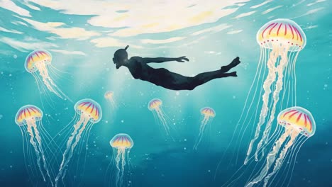 a mysterious underwater journey: a diver glides gracefully among vibrant jellyfish in a mesmerizing ocean scene with ethereal light and colorful marine life