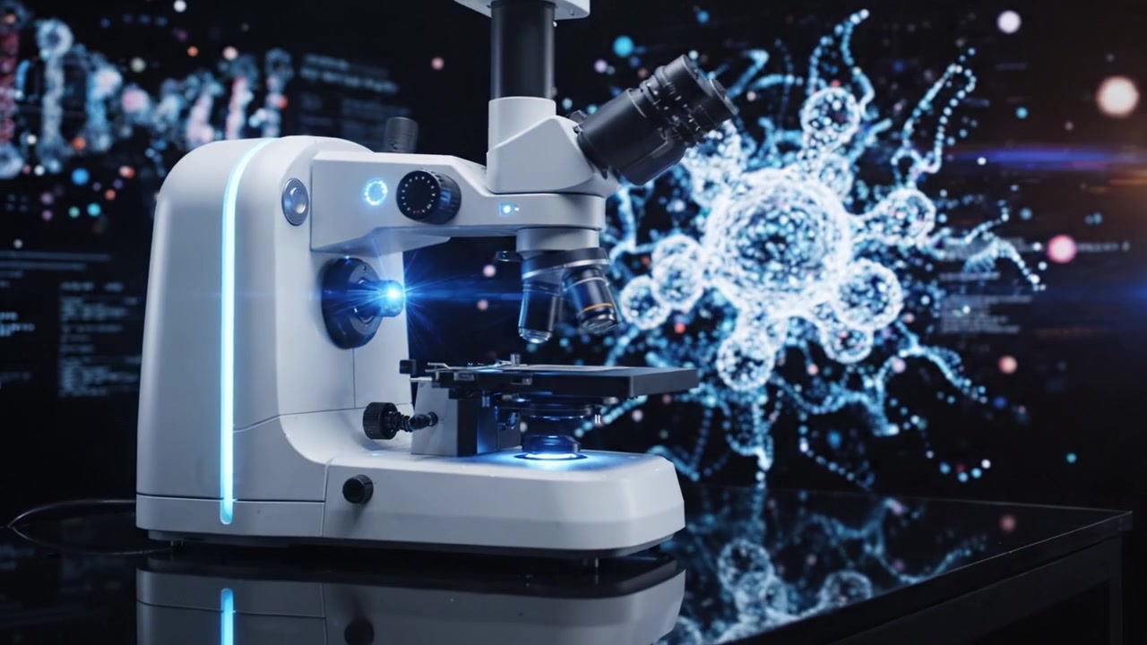 Advanced Scientific Microscope Analyzing Complex Genetic Structures Against a High-Tech Digital Background Featuring DNA and Cellular Imagery