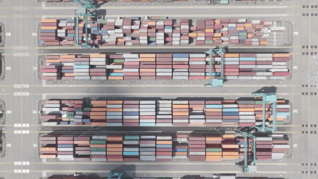 Top down aerial view of containers in Tanjung Pelepas port as the drone hovers captured in dlog m color profile