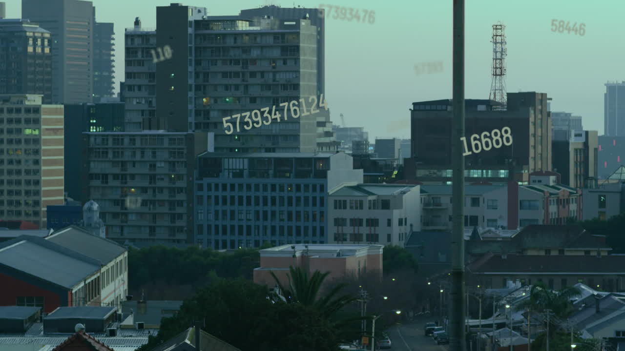 도시 풍경 위의 숫자 애니메이션과 데이터 처리